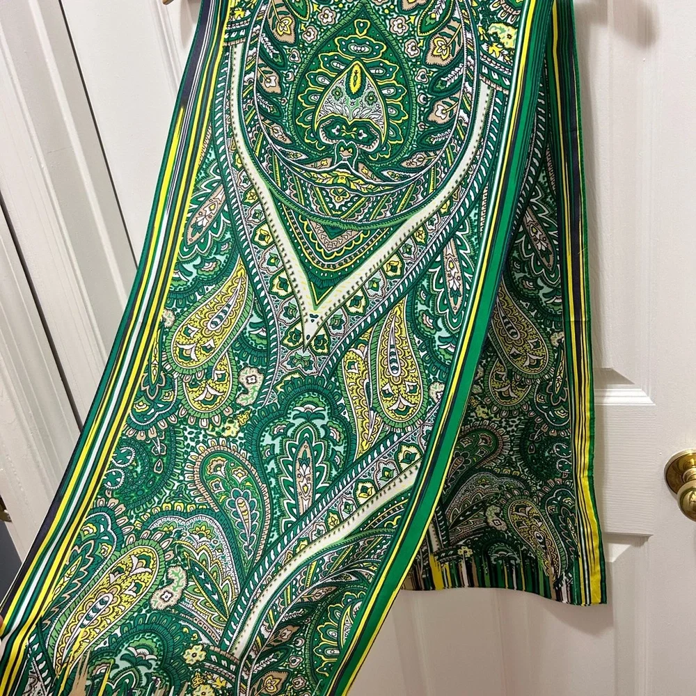 Anne Klein Green and Yellow Paisley Scarf 100% Silk - Picture 2 of 8